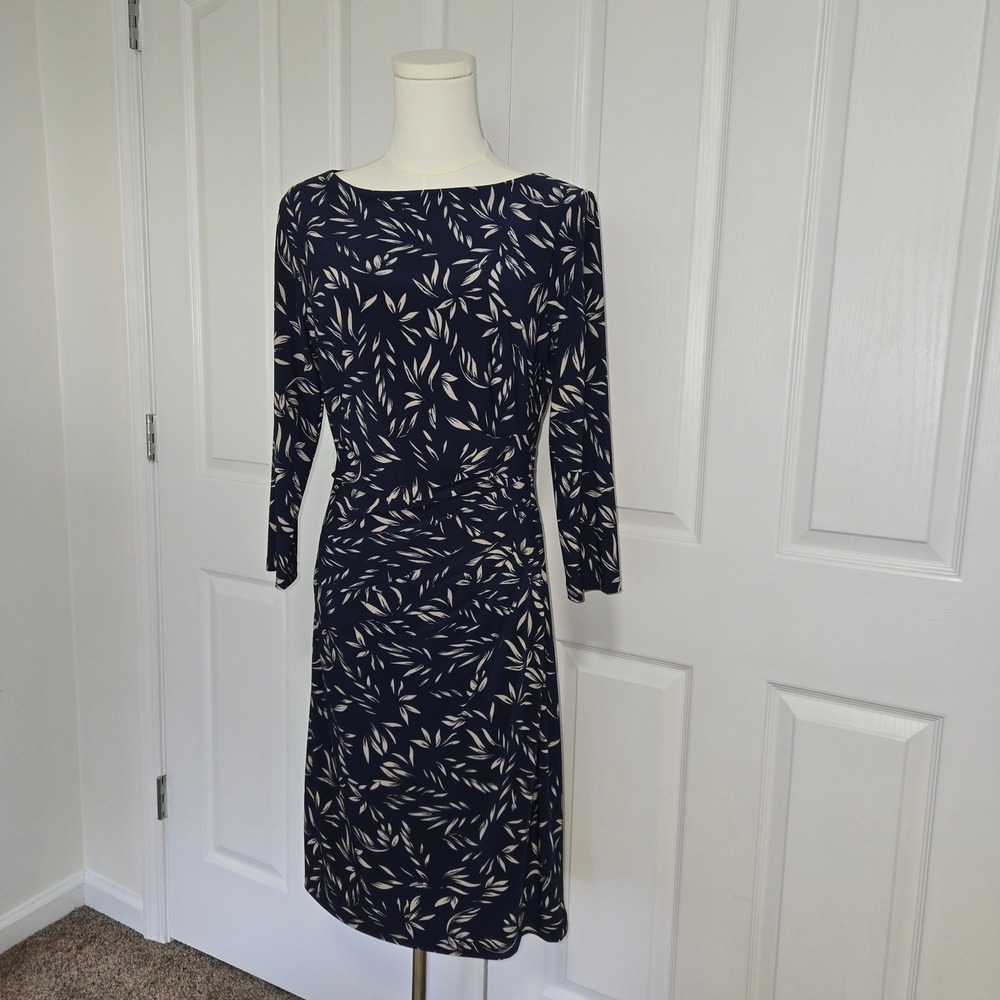 Lauren Ralph Lauren Sheath Dress Women 10 Navy Blue Ruched Leaf Print 3/4 Sleeve